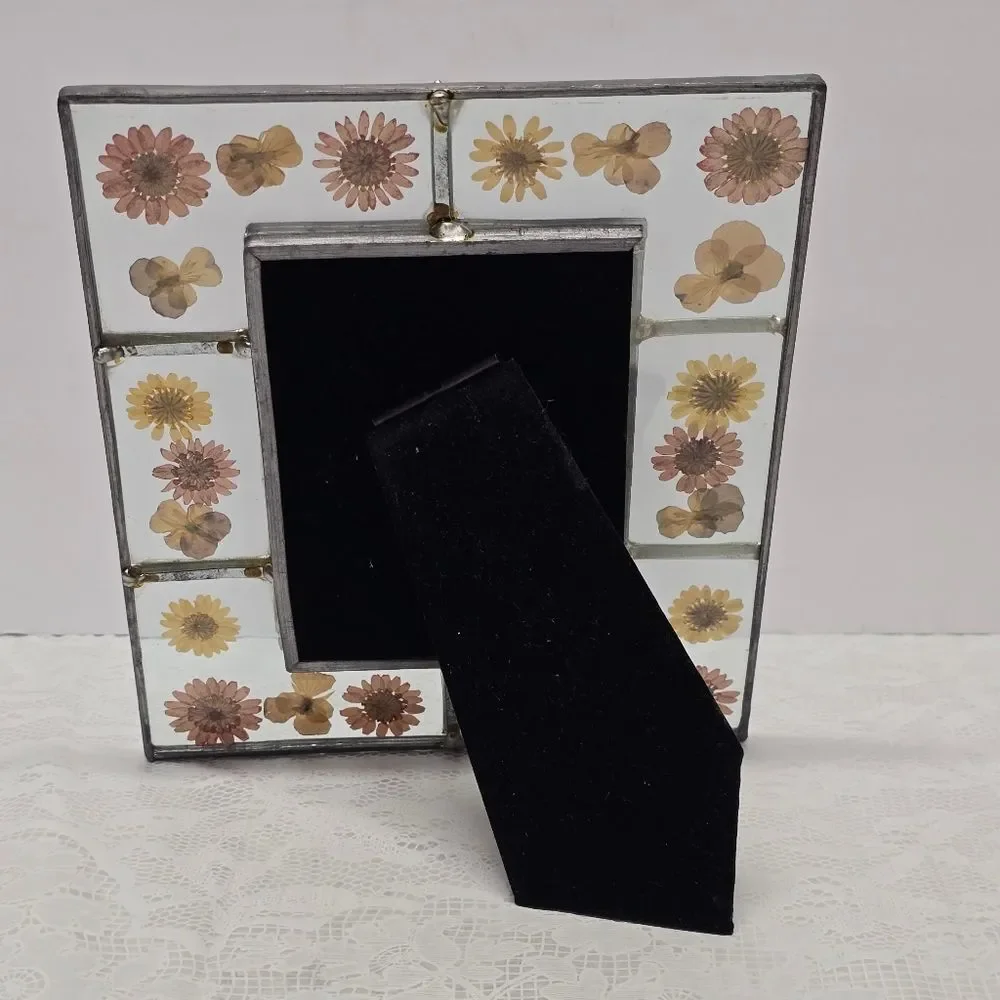 Vintage Stained Glass Pressed Dried Flowers  Picture Frame Cottage Summer Boho